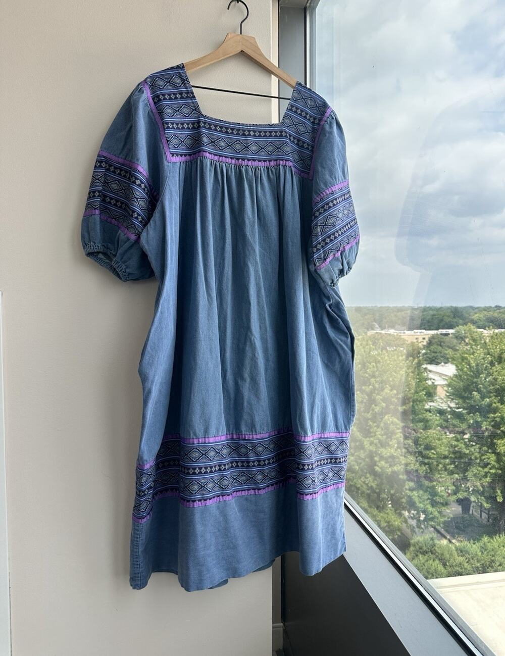 Krist Gudnason Denim Shift Dress Blue Purple Geometric Square Neck One Size